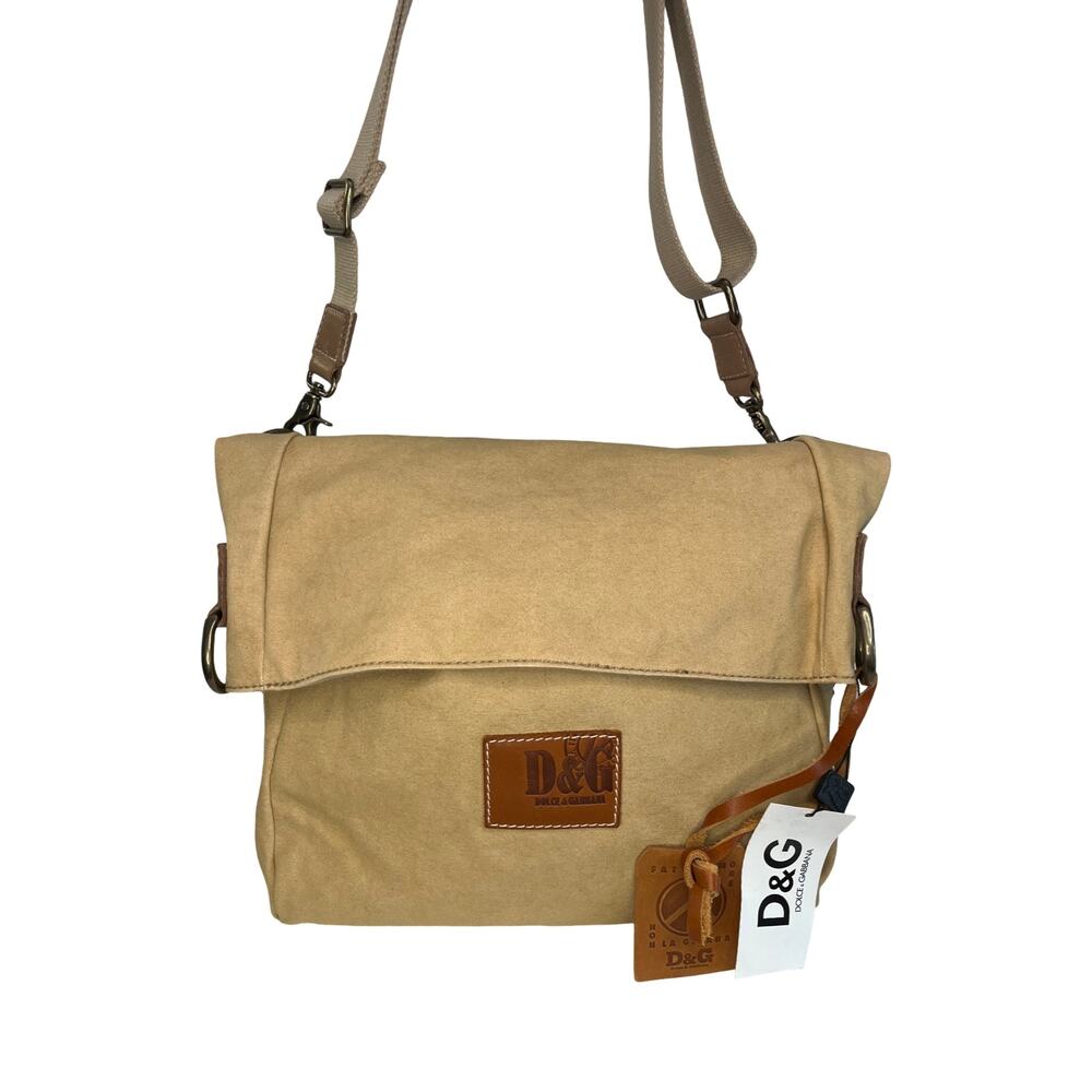 D&G Dolce & Gabbana Canvas Messenger Bag Beige Foldover Crossbody Italy